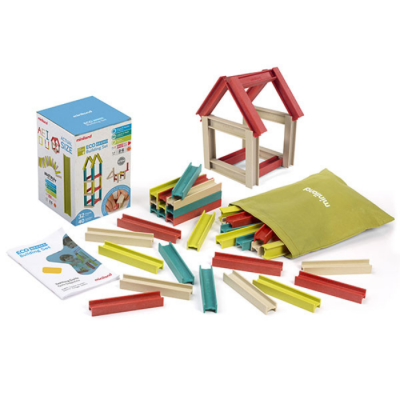 Conjunto de peças de madeira coloridas para construção com saco verde e caixa ECO ECOLOGICAL BUILDING SET