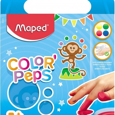 Caixa azul e vermelha de tinta para pintar com os dedos Maped Color Peps com ilustração de macaco e indicações para crianças 1+