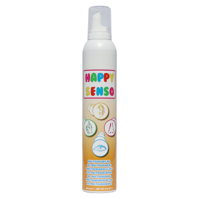 Frasco branco de spray com etiqueta colorida HAPPY SENSO e ícones sensoriais