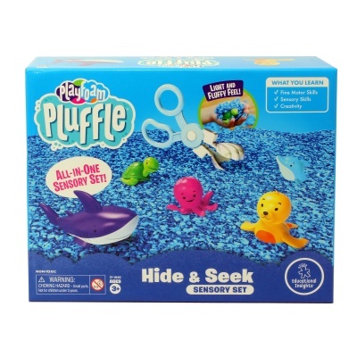 Caixa de brinquedo sensorial Play-Doh Pluffle com figuras de animais marinhos e tesoura azul