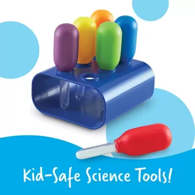 pipetas coloridas para crianças com suporte azul e texto Kid-Safe Science Tools