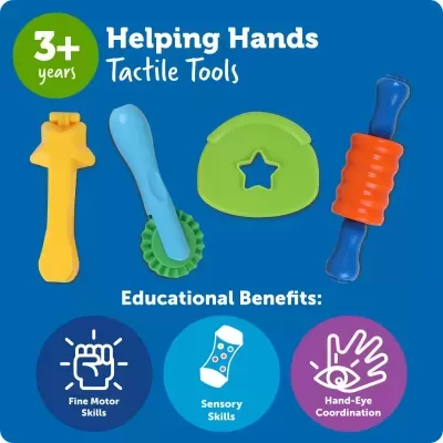 Ferramentas táteis coloridas para crianças com texto educativo