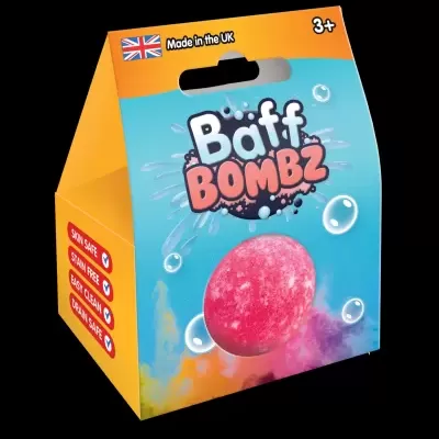 Embalagem do produto Baff Bombz com bomba de banho rosa e texto de segurança