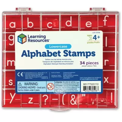 Caixa plástica com 34 carimbos de alfabeto em letras minúsculas