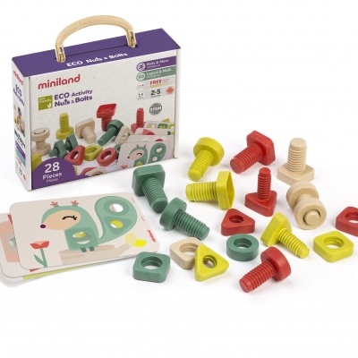 Brinquedo Miniland ECO Activity Nuts & Bolts em madeira multicolorida com caixa branca e roxa
