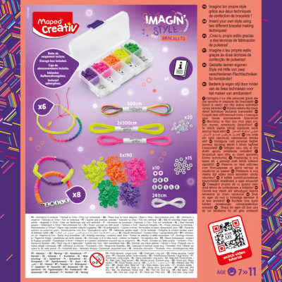 Kit Maped Creativ para fazer pulseiras com miçangas coloridas e acessórios em embalagem roxa.