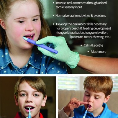 Três crianças usam o dispositivo ARK´s Z-Vibe azul na boca, manuseado por mãos com luvas verdes, com texto em inglês sobre os benefícios do produto.