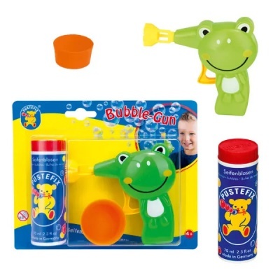 Brinquedo Bubble-Gun em forma de sapo verde com frasco de solução azul, amarelo e laranja