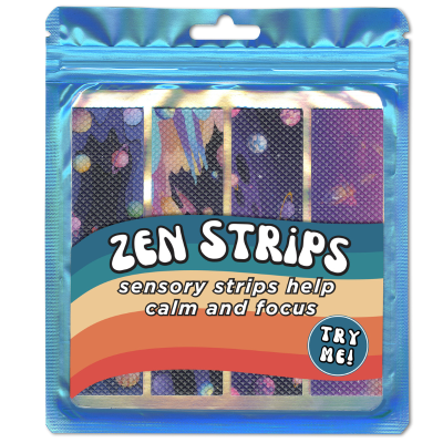 Pacote azul metálico com quatro tiras sensoriais Zen Strips coloridas e rótulo com texto