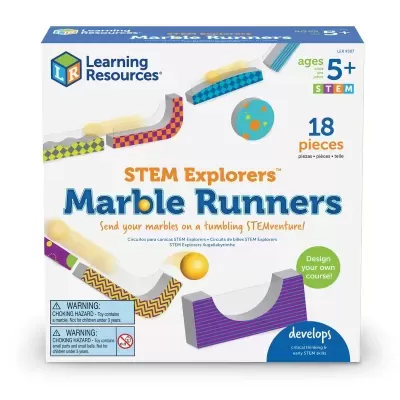Caixa de brinquedo STEM Explorers Marble Runners para crianças, 18 peças coloridas com padrões geométricos