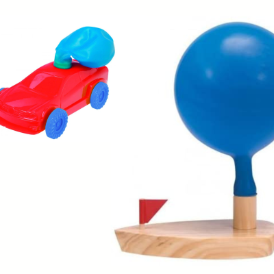 Brinquedo de árvore de madeira e carrinho de brinquedo com balão azul