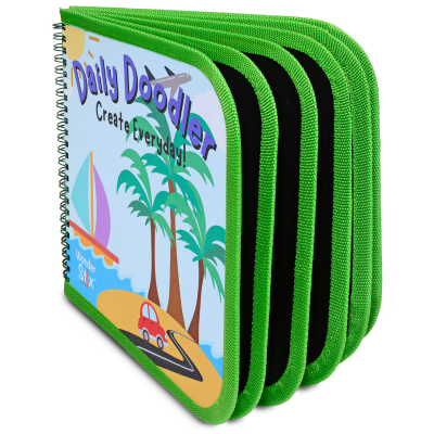 Caderno de atividades com capa verde e ilustração de praia e texto Daily Doodler