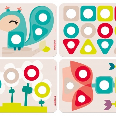 Quatro cartões ilustrados com pássaro, formas geométricas, flores e borboleta, texto 'moulin roty'.