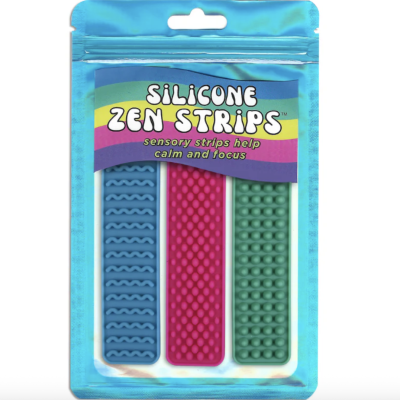 Pacote azul com três tiras sensoriais de silicone azul, rosa e verde com texturas
