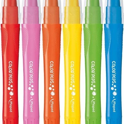 Seis marcadores de texto coloridos Maped Color Peps em várias cores organizados lado a lado