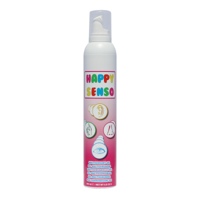 Frasco branco com rótulo rosa e texto colorido 'HAPPY SENSO'