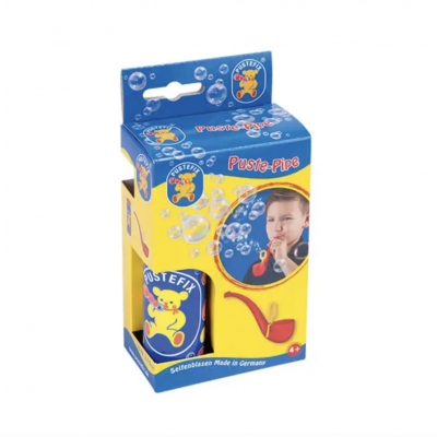 Embalaem azul e amarela com cachimbo de bolhas e criança a soprar bolhas