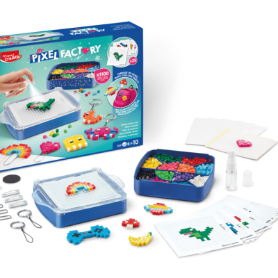 Jogo Pixel Factory com peças coloridas e caixa azul