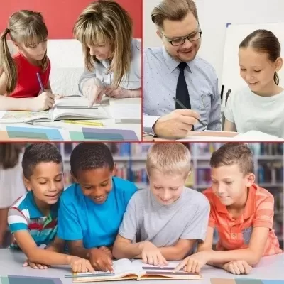 Adultos e crianças estudando e lendo juntos, em ambiente interno com livros e canetas.