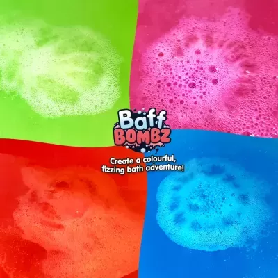 Espuma colorida efervescente em verde, rosa, laranja e azul com texto central Baff Bombz