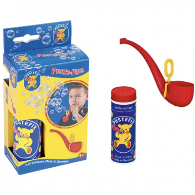 Brinquedo para bolhas Pustefix com frasco azul e vermelho e cachimbo vermelho