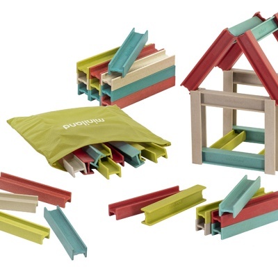 Blocos de construção de madeira coloridos com saco verde Bannor Brinquedos