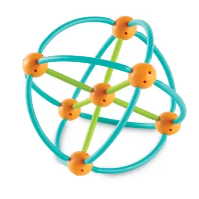 Brinquedo esférico com arcos azuis, hastes verdes e junções laranja
