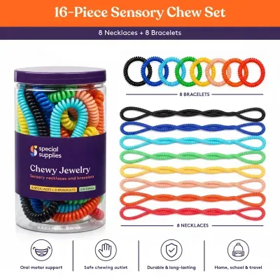 Conjunto de 16 peças sensoriais para mastigar com colares e pulseiras coloridas