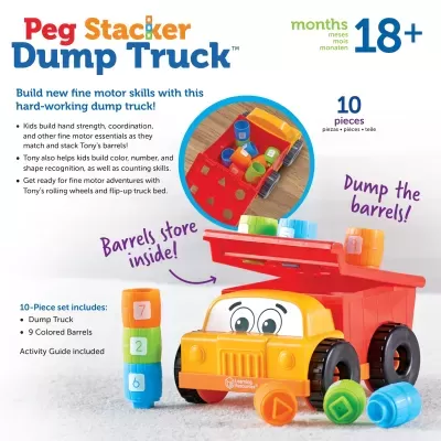 Brinquedo Peg Stacker Dump Truck com camião vermelho e amarelo e barris coloridos empilháveis para crianças a partir de 18 meses