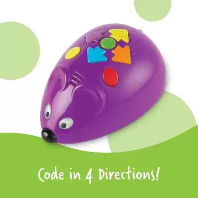 Rato de brinquedo roxo com botões coloridos e texto Code in 4 Directions