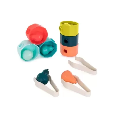 Conjunto de copos medidores empilháveis coloridos com pinças brancas