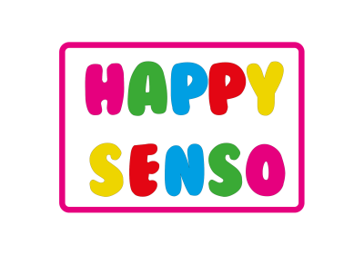 Logotipo colorido com as palavras HAPPY SENSO em várias cores dentro de um retângulo cor-de-rosa