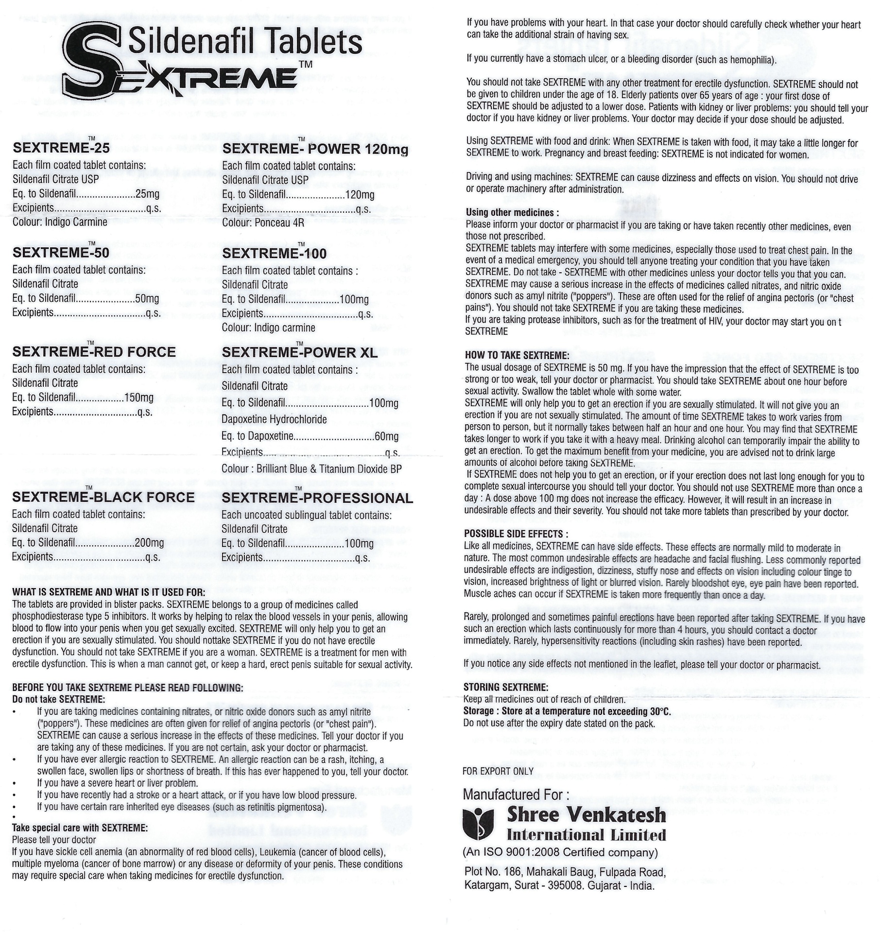 SEXTREME® 200 Embalagem de comprimidos Sildenafil Tablets SEXTREME com várias formulações e texto em inglês