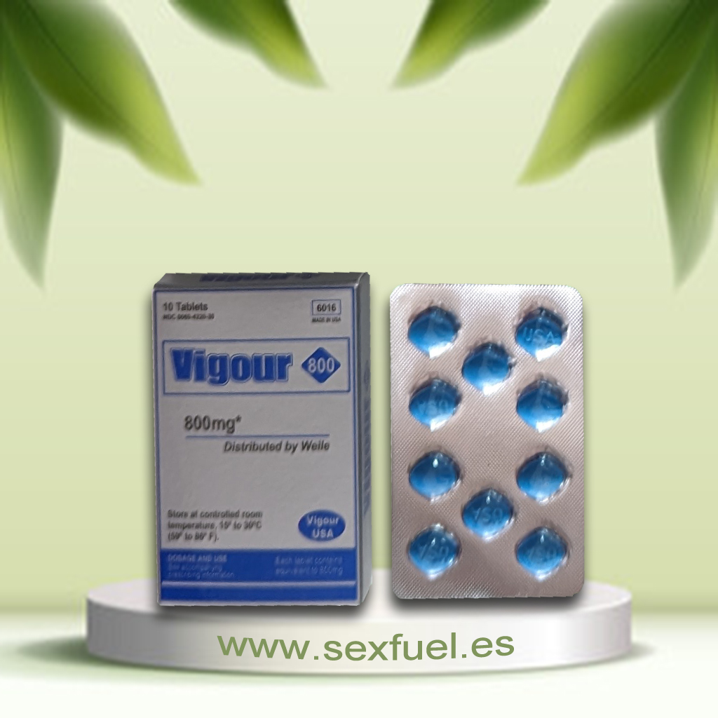 VIGOUR 800 Caixa e blister de comprimidos Vigour 800 azul em fundo claro com folhas verdes