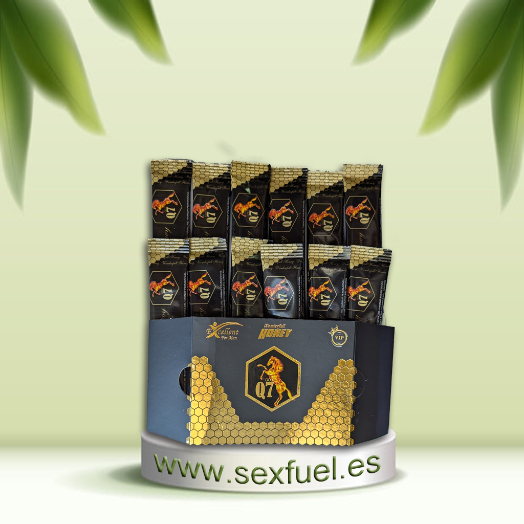 MIEL del AMOR caja de 12 unidades Expositor com vários produtos Q7 em embalagens pretas e douradas sobre base branca com texto www.sexfuel.es