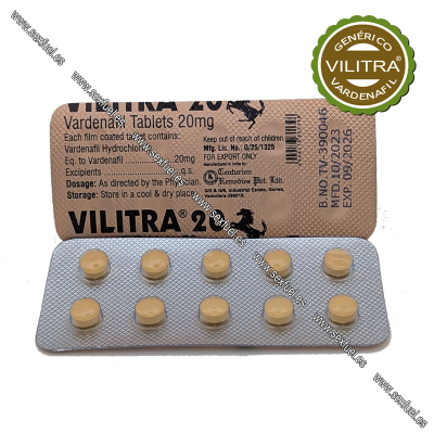 Blister de comprimidos VILITRA 20mg com 10 comprimidos amarelos e embalagem com texto explicativo