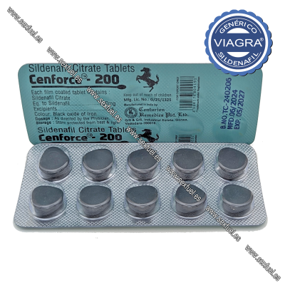 Blister de comprimidos Cenforce-200 com rótulo azul claro e comprimidos cinzentos