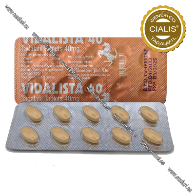Blister de comprimidos amarelos VIDALISTA 40 com selo genérico de CIALIS Tadalafil