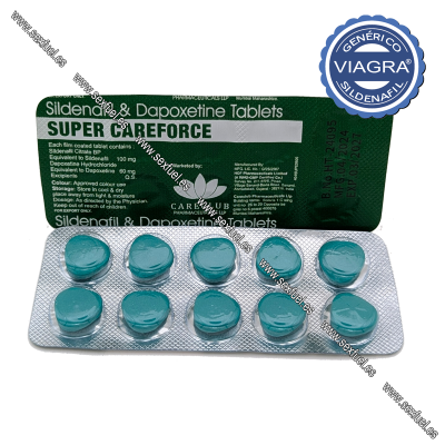 Blister de comprimidos azuis e embalagem verde de Sildenafil & Dapoxetine Tablets SUPER CAREFORCE