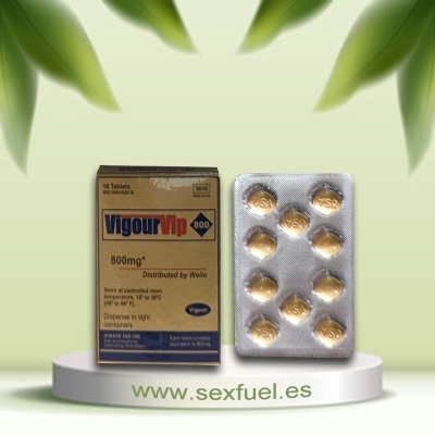 Embalagem e blister de comprimidos VigourVip 800mg sobre base branca com logo www.sexfuel.es
