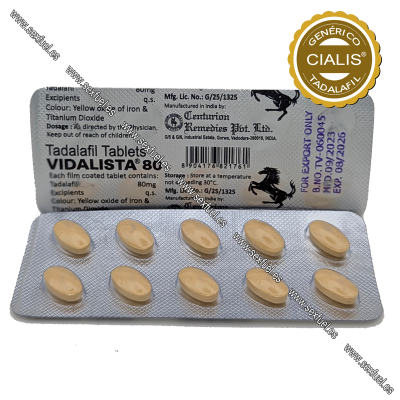 Blister de comprimidos Tadalafil Tablets VIDALISTA 80 mg com 10 comprimidos amarelos