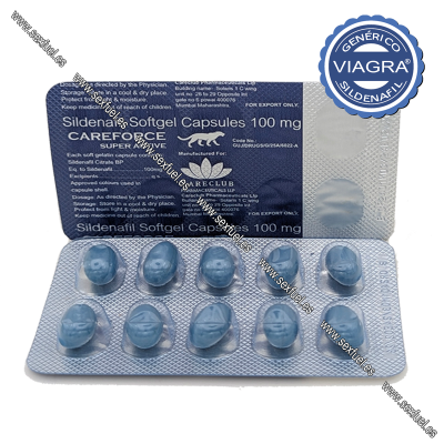 Blister de cápsulas azuis Sildenafil 100 mg com embalagem azul escuro e selo genérico Viagra