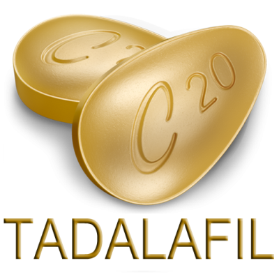 Duas pastilhas amarelo-douradas com inscrição C 20 e texto TADALAFIL