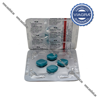 Blister com comprimidos azuis de Sildenafil Citrate Tablets KAMAGRA 100 em embalagem prateada com selo genérico Viagra