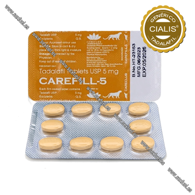 Blister prateado com comprimidos amarelos e embalagem laranja CARELL-5 Tadalafil 5 mg