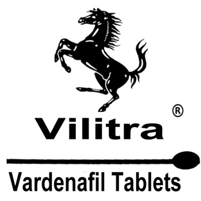 Logótipo com cavalo preto e texto Vilitra Vardenafil Tablets