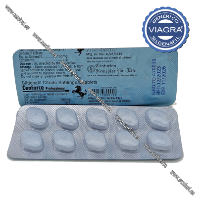 Blister de comprimidos azuis com embalagem azul claro contendo informações sobre Sildenafil Citrate e Lenforce profesional