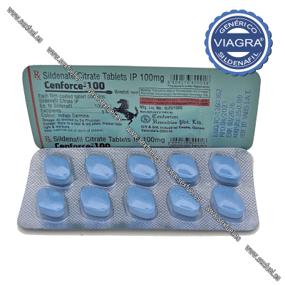 Embalagem e cartucho de comprimidos azuis Cenforce 100 Sildenafil Citrate IP 100mg