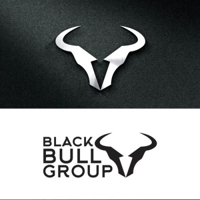 Logótipo metálico prateado de touro e texto 'BLACK BULL GROUP' com touro estilizado