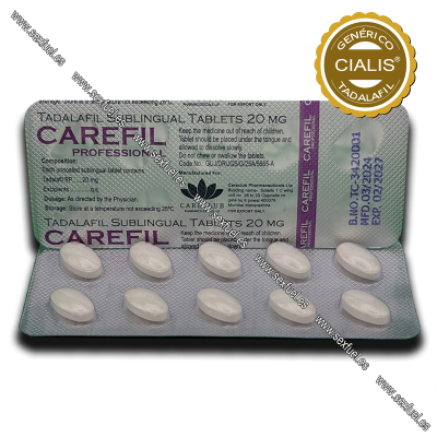 Blister de comprimidos Carefil Professional 20 mg com selo genérico Cialis Tadalafil